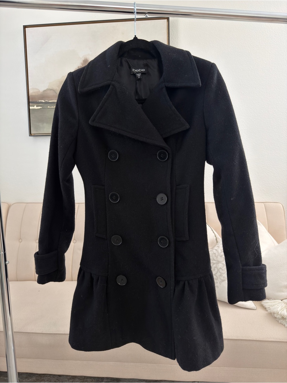 bebe Black Double-Breasted Pea Coat with Peplum Hem